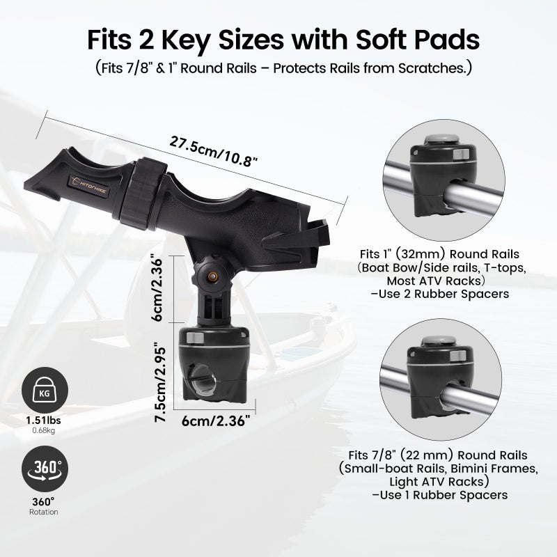 Hitorhike Fishing Rod Holder Universal Fit Kit with Mount Allows for 360-degree Adjustment Kayak Fishing Boat Rod Holder (Fishing Rold Holder x2+Rail Mount x2) - Image 2